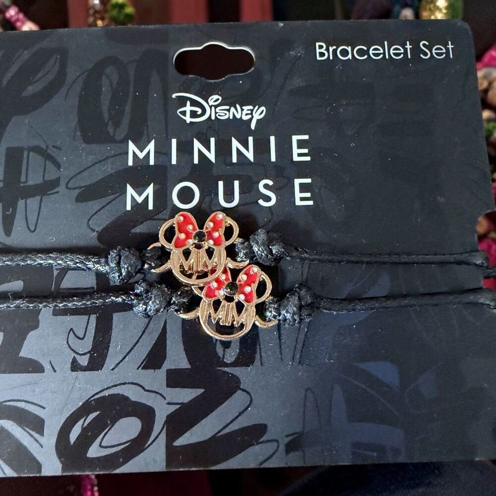 NWT Disney Minnie Mouse Bracelet Set Black Cord Red Bow Gold Tone